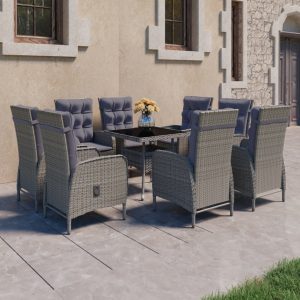 Set mobilier grădină, 9 piese, gri, poliratan și sticlă