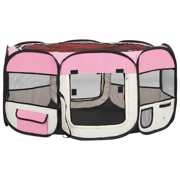 Țarc de câini pliabil cu sac de transport, roz, 145x145x61 cm