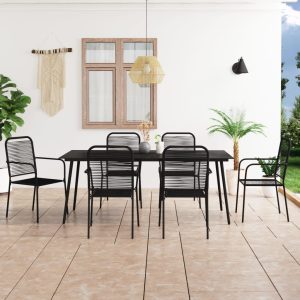 Set mobilier de grădină, 7 piese, negru, sfoară bumbac și oțel