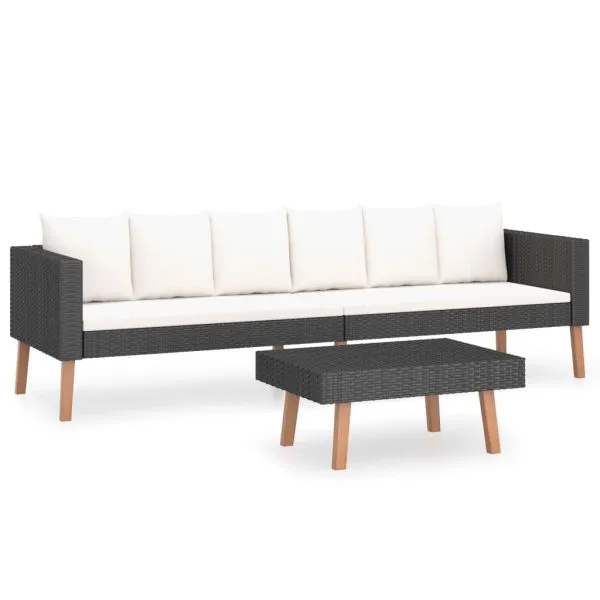 Set mobilier de grădină cu perne, 2 piese, negru, poliratan
