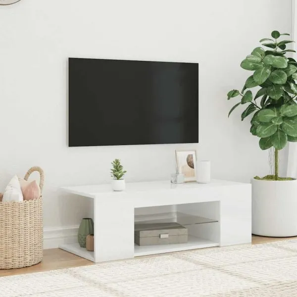 Comodă TV cu lumini LED, alb extralucios, 90x39x30 cm