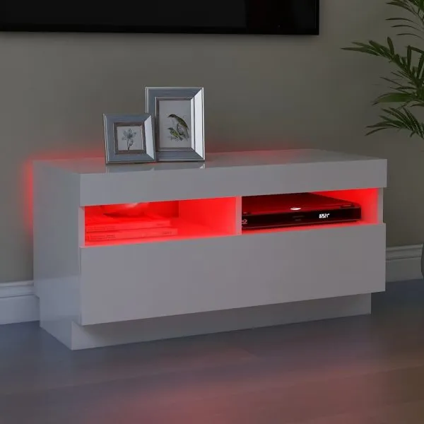 Comodă TV cu lumini LED, alb extralucios, 80x35x40 cm