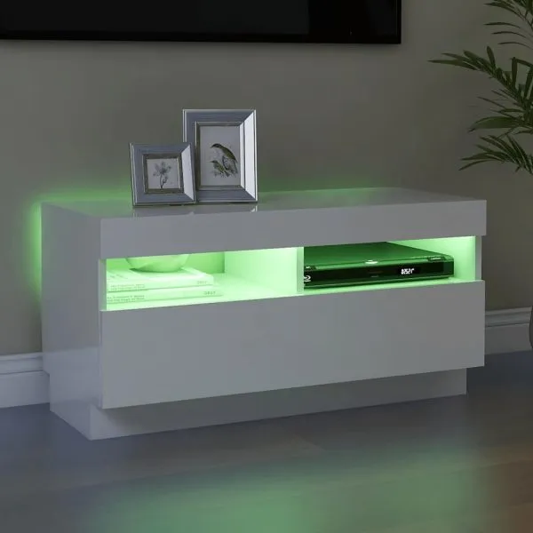 Comodă TV cu lumini LED, alb extralucios, 80x35x40 cm
