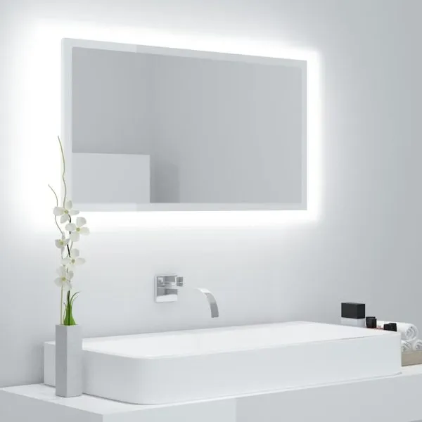 Oglindă de baie cu LED, alb extralucios, 80×8,5×37 cm, acril
