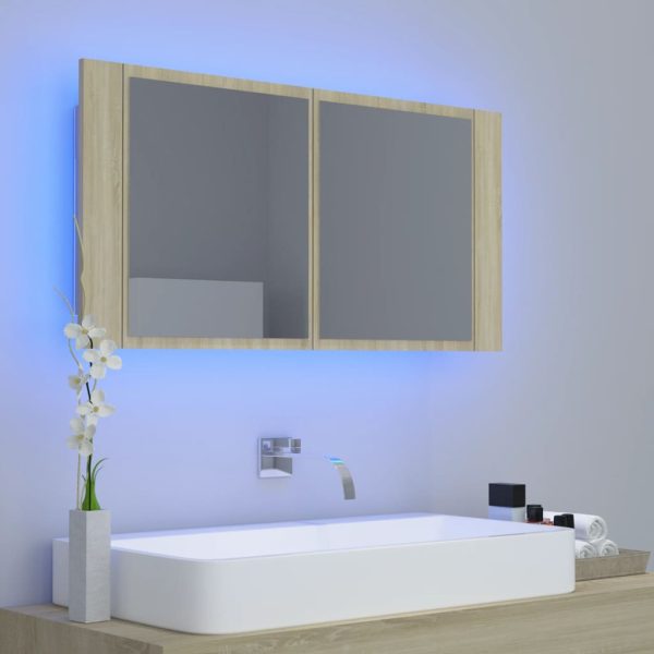 Dulap de baie cu oglindă și LED, stejar Sonoma, 90x12x45 acril