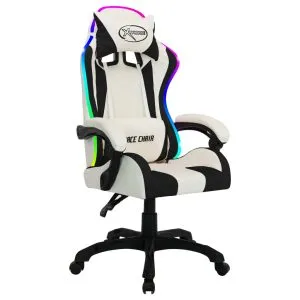 Scaun de racing cu LED RGB, alb și negru, piele ecologică