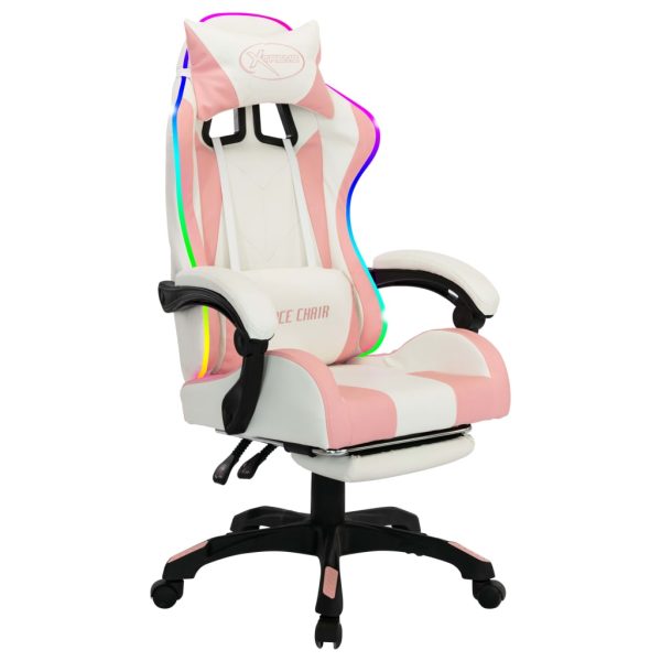 Scaun de racing cu LED RGB, roz si alb, piele ecologică