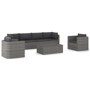 Set mobilier de grădină cu perne, 7 piese, gri, poliratan