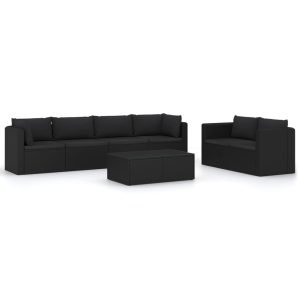 Set mobilier de grădină cu perne, 7 piese, negru, poliratan