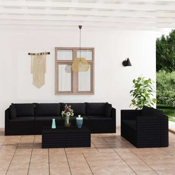 Set mobilier de grădină cu perne, 7 piese, negru, poliratan