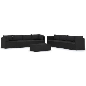 Set mobilier de grădină cu perne, 9 piese, negru, poliratan