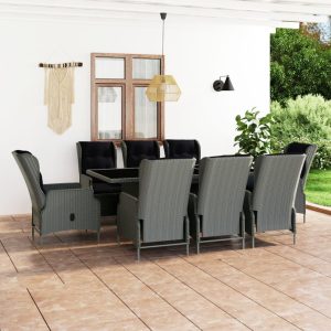 Set mobilier de exterior cu perne 9 piese gri deschis poliratan