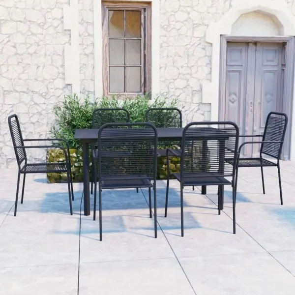 Set mobilier de grădină, 7 piese, negru, sticlă și oțel