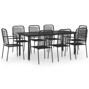 Set mobilier de grădină, 9 piese, negru, sticlă și oțel