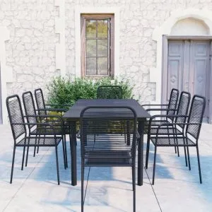 Set mobilier de grădină, 9 piese, negru, sticlă și oțel