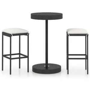 Set mobilier bar de grădină cu perne, 3 piese, negru, poliratan