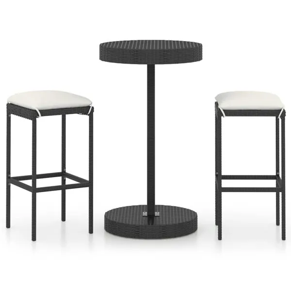 Set mobilier bar de grădină cu perne, 3 piese, negru, poliratan