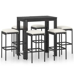 Set mobilier bar de grădină cu perne, 7 piese, negru, poliratan