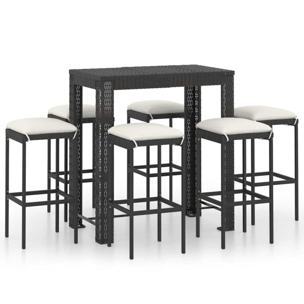 Set mobilier bar de grădină cu perne, 7 piese, negru, poliratan
