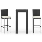 Set bar de exterior, cu perne, 3 piese, negru, poliratan