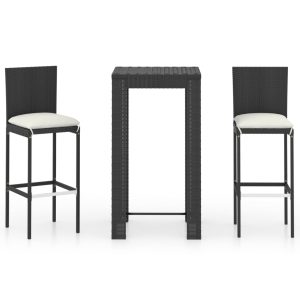 Set bar de exterior, cu perne, 3 piese, negru, poliratan
