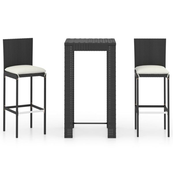 Set bar de exterior, cu perne, 3 piese, negru, poliratan