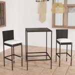 Set mobilier bar de grădină cu perne, 3 piese, negru, poliratan