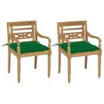 Scaune Batavia cu perne verde, 2 buc., lemn masiv tec