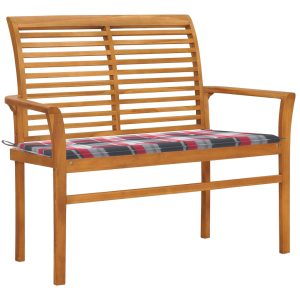 Bancă de grădină, pernă roșu carouri, 112 cm, lemn masiv tec