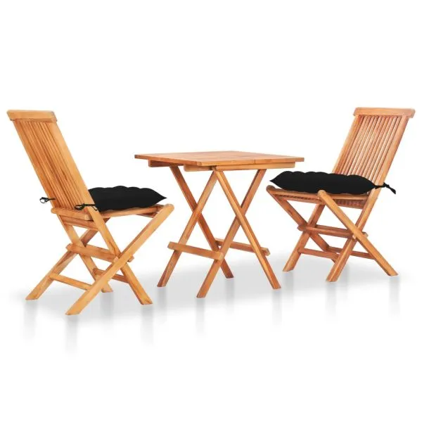 Set bistro 3 piese cu perne negru, lemn masiv tec