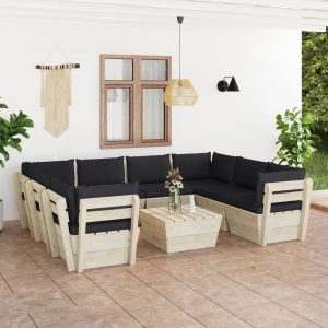 Set mobilier grădină paleți, 9 piese, cu perne, lemn de molid