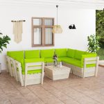 Set mobilier grădină paleți, 9 piese, cu perne, lemn de molid