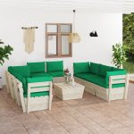Set mobilier grădină paleți, 9 piese, cu perne, lemn de molid