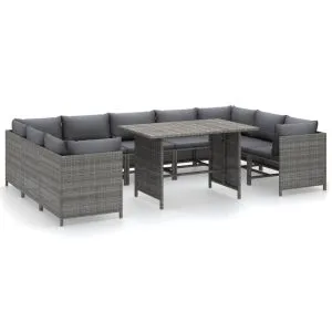 Set mobilier de grădină cu perne, 10 piese, gri, poliratan