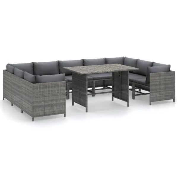 Set mobilier de grădină cu perne, 10 piese, gri, poliratan