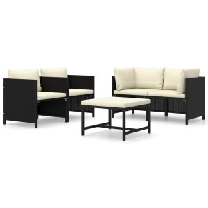 Set mobilier de grădină cu perne, 5 piese, negru, poliratan