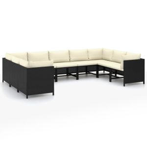 Set mobilier de grădină cu perne, 9 piese, negru, poliratan