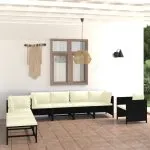 Set mobilier de grădină cu perne, 8 piese, negru, poliratan