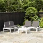Set mobilier de grădină cu perne, 3 piese, alb, plastic