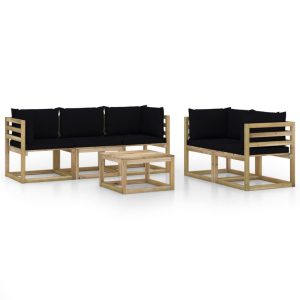 Set mobilier de grădină cu perne negre, 6 piese