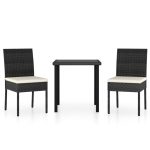 Set de masă și scaune de exterior, 3 piese, negru, poliratan