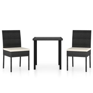Set de masă și scaune de exterior, 3 piese, negru, poliratan