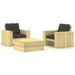 Set mobilier de grădină cu perne, 3 piese, lemn de pin tratat