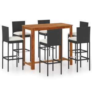 Set mobilier bar de grădină cu perne, 7 piese, negru