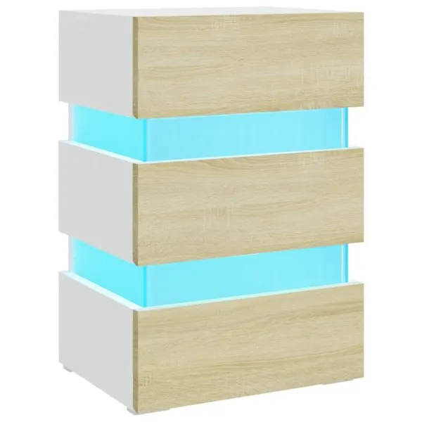 Noptieră cu LED, alb/stejar sonoma, 45x35x67 cm, lemn prelucrat