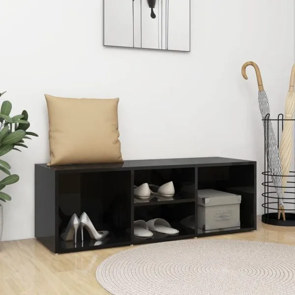 Bancă depozitare pantofi, negru extralucios, 105x35x35 cm, PAL