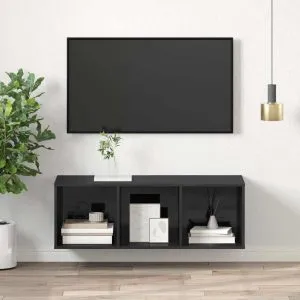 Dulap TV montat pe perete, gri extralucios, 37x37x107 cm, PAL