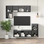 Dulap TV montat pe perete, gri extralucios, 37x37x142,5 cm, PAL