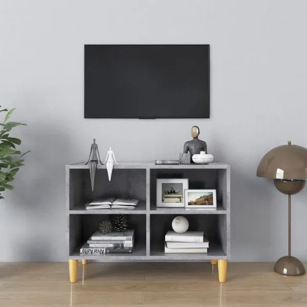 Comodă TV, picioare lemn masiv, gri beton, 69,5x30x50 cm