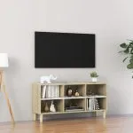 Comodă TV picioare lemn masiv alb/stejar sonoma 103,5x30x50 cm